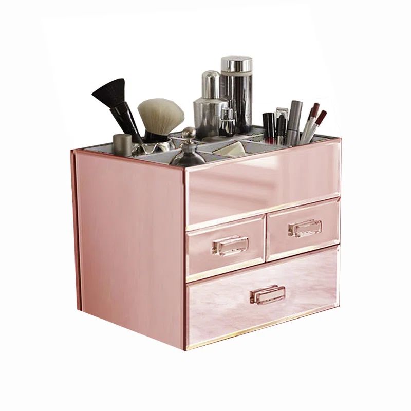 Rose Gold Mirrored Glass 3-Drawer Makeup Organizer