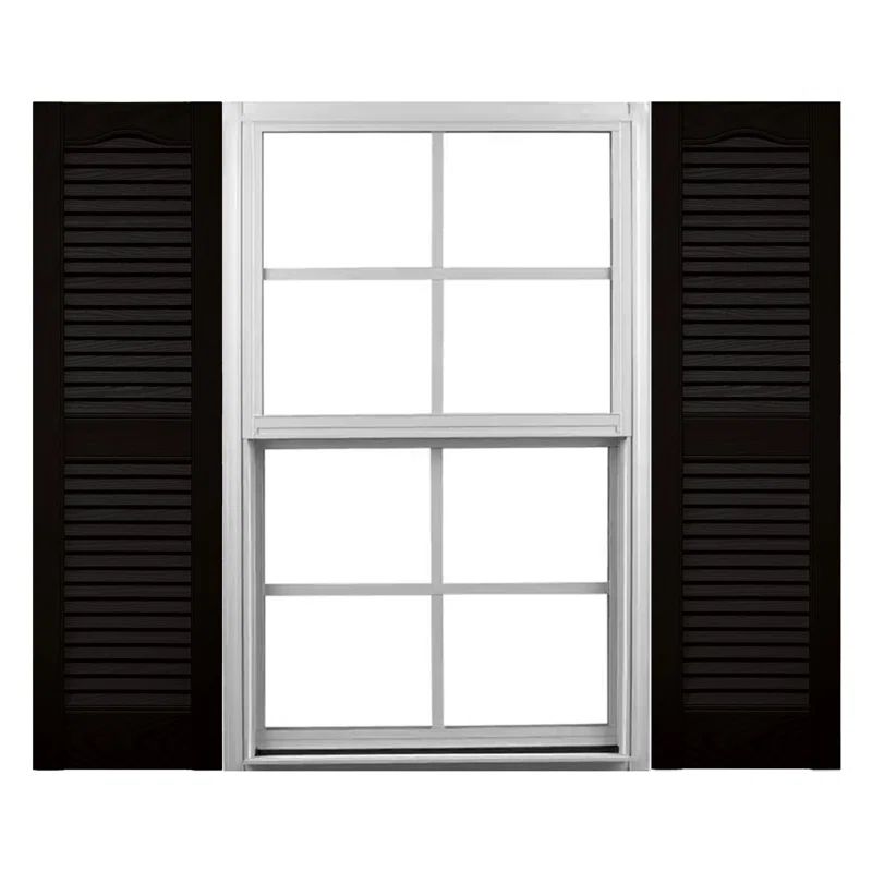 Black Vinyl Cathedral Top Louvered Window Shutters, 48" Height