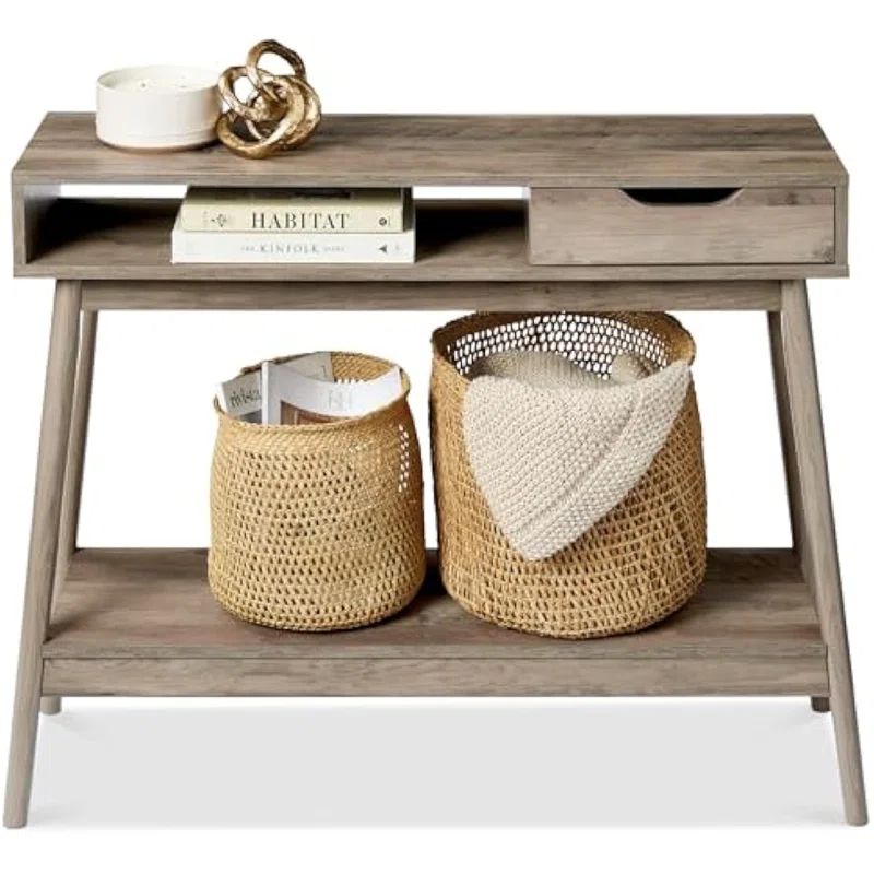 Gray Wood and Metal Console Table with Storage Shelves