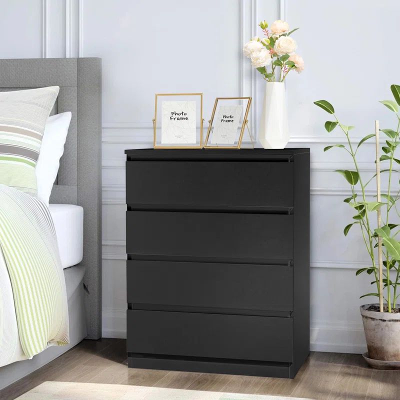 Tall Black MDF 4-Drawer Modern Dresser