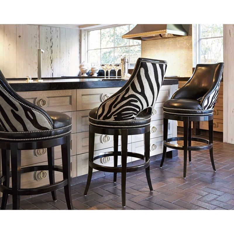 Black Leather and Zebra Print Swivel Bar Stool with Pine Frame