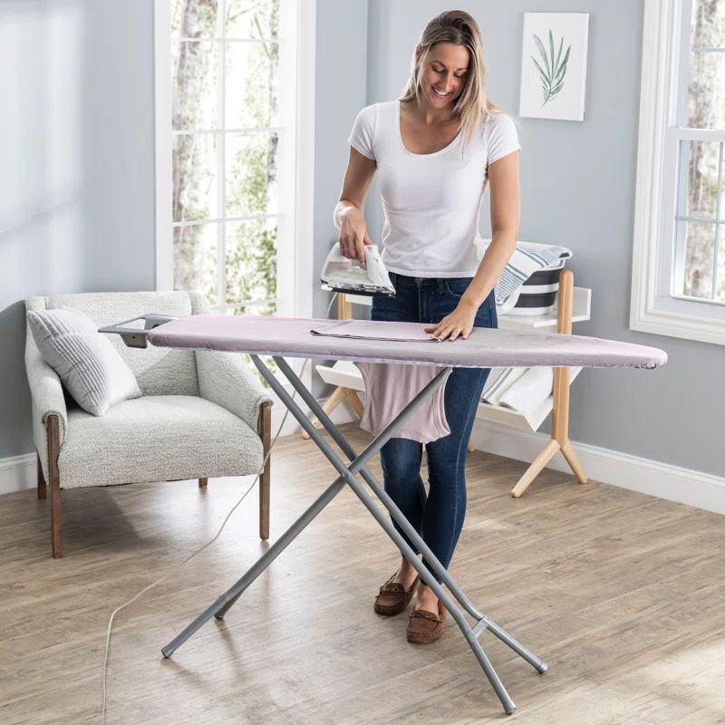 Adjustable Height Light Gray Ironing Board with Mesh Top and Iron Rest
