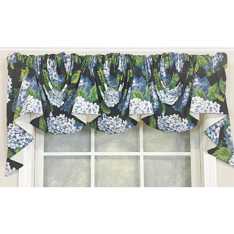 Navy Blue Floral Cotton Rod Pocket Window Valance