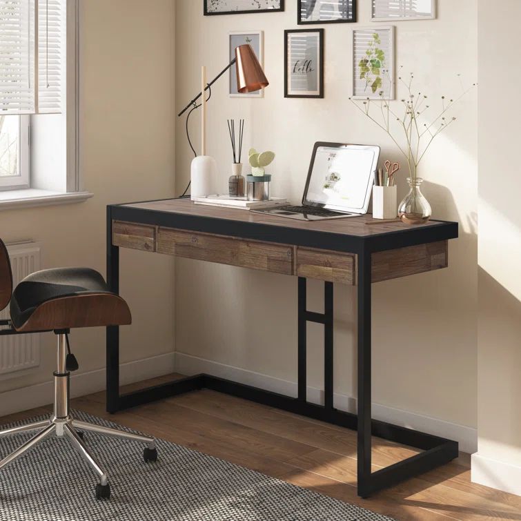 Erina Compact Rustic Natural Aged Brown Acacia Desk with Drawers