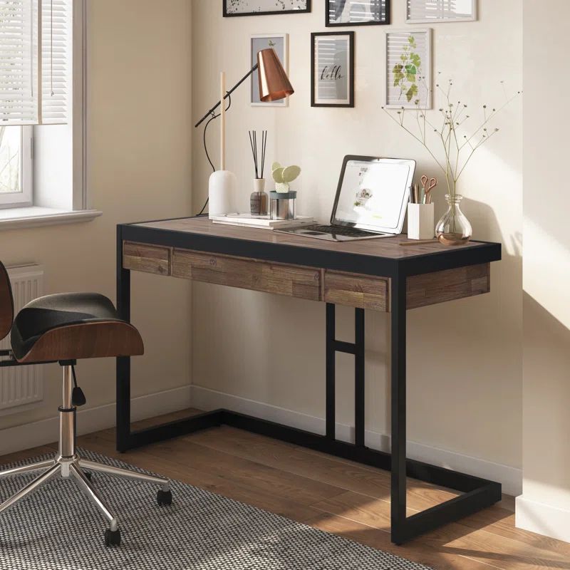 Erina Compact Rustic Natural Aged Brown Acacia Desk with Drawers