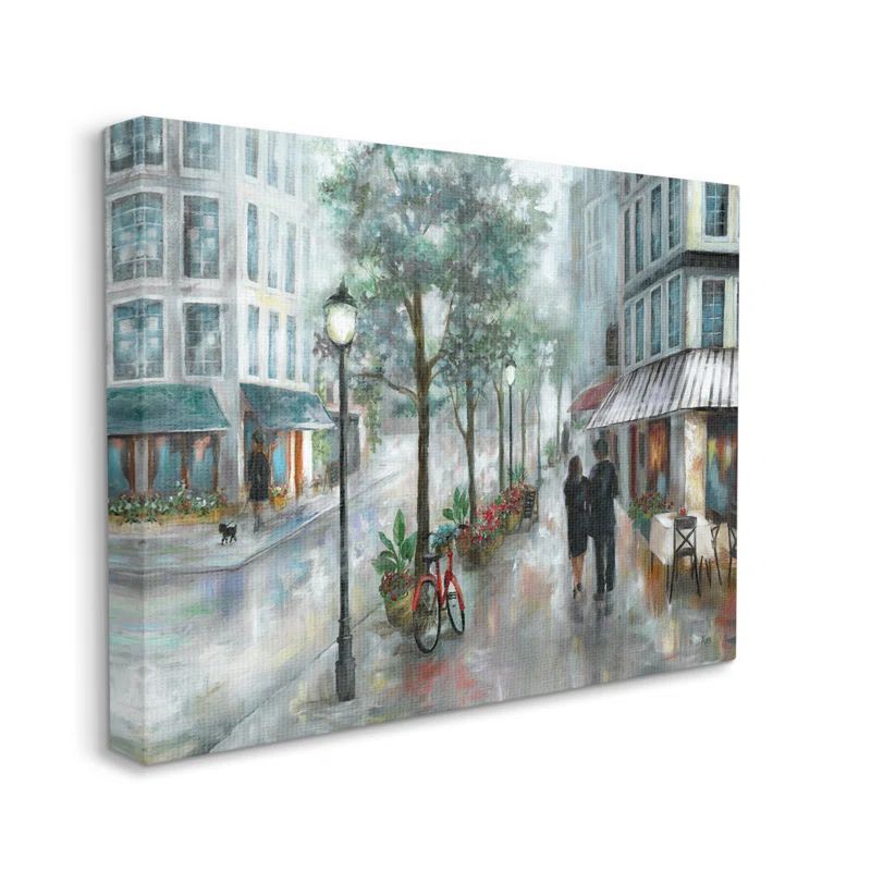 Couple Walking Through Rainy City Blue Canvas Wall Art