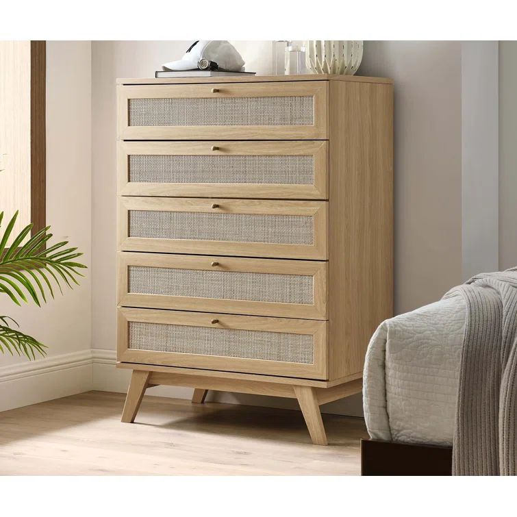 Soma Oak 5-Drawer Chest with Rattan Weave and Splayed Legs
