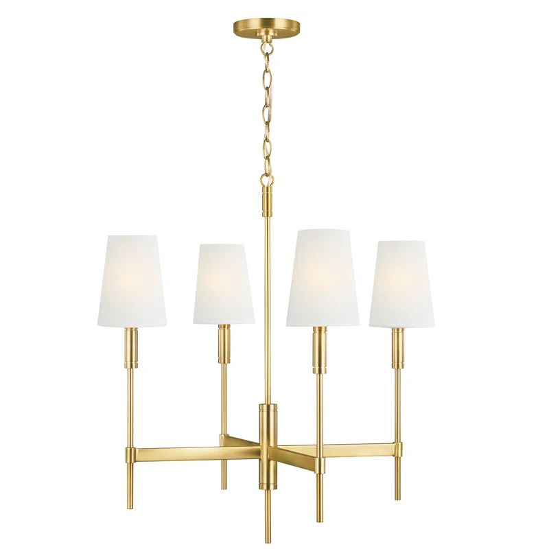 Burnished Brass 4-Light Chandelier with White Linen Shades