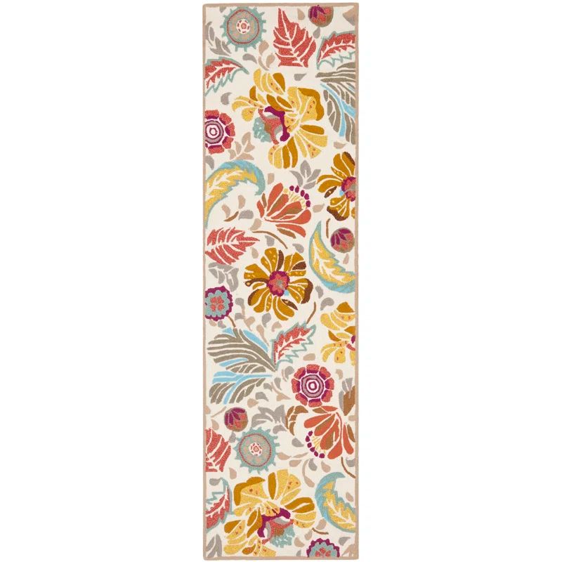Ivory Floral Hand-Hooked Synthetic Runner Rug 2'3" x 6'