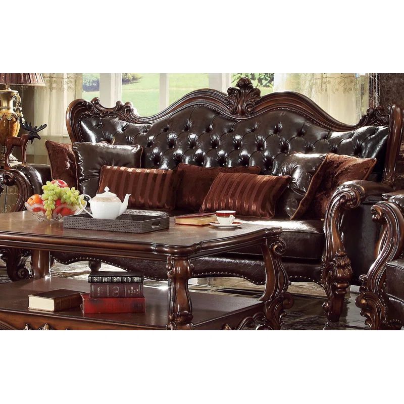 Versailles Dark Brown Faux Leather Tufted Sofa with Nailhead Trim