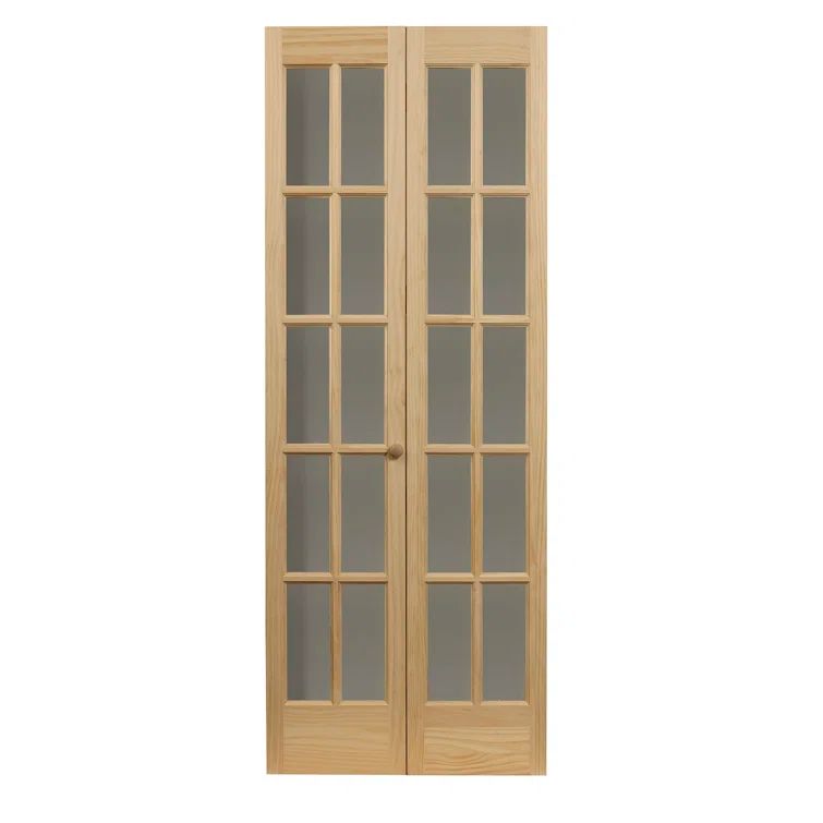Classic French Unfinished Pine Wood Bifold Door with Glass Panels