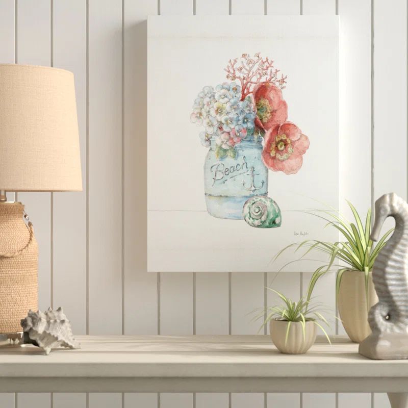 Large Floral Canvas Art in Mason Jar with Coral