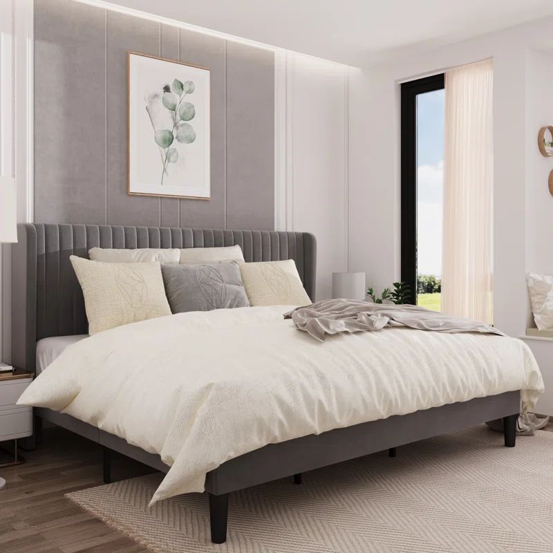 Elegant Velvet Queen Bed with Tufted Wingback Headboard and Metal Frame
