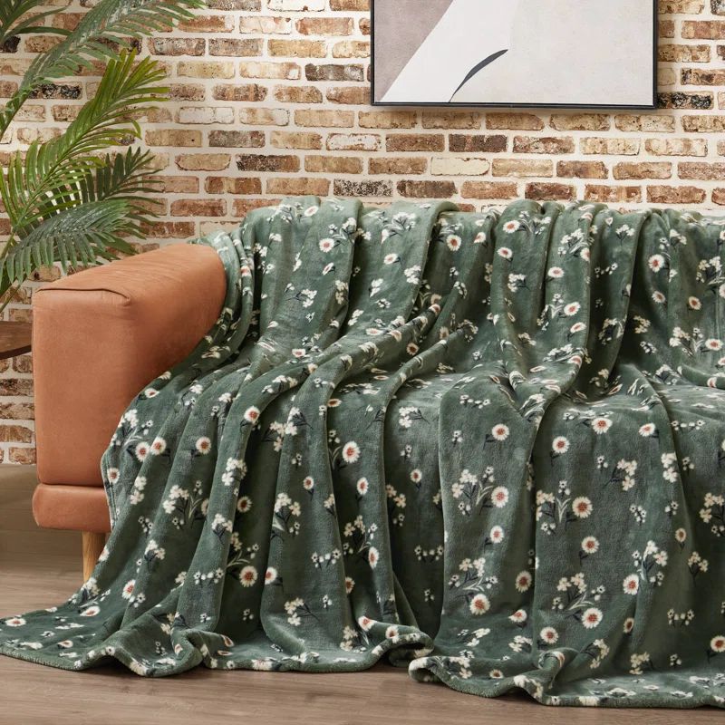 Green Floral Faux Fur Reversible Throw Blanket, 50" x 70"