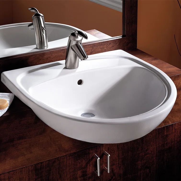 White Ceramic Self-Rimming Circular Bathroom Sink with Overflow