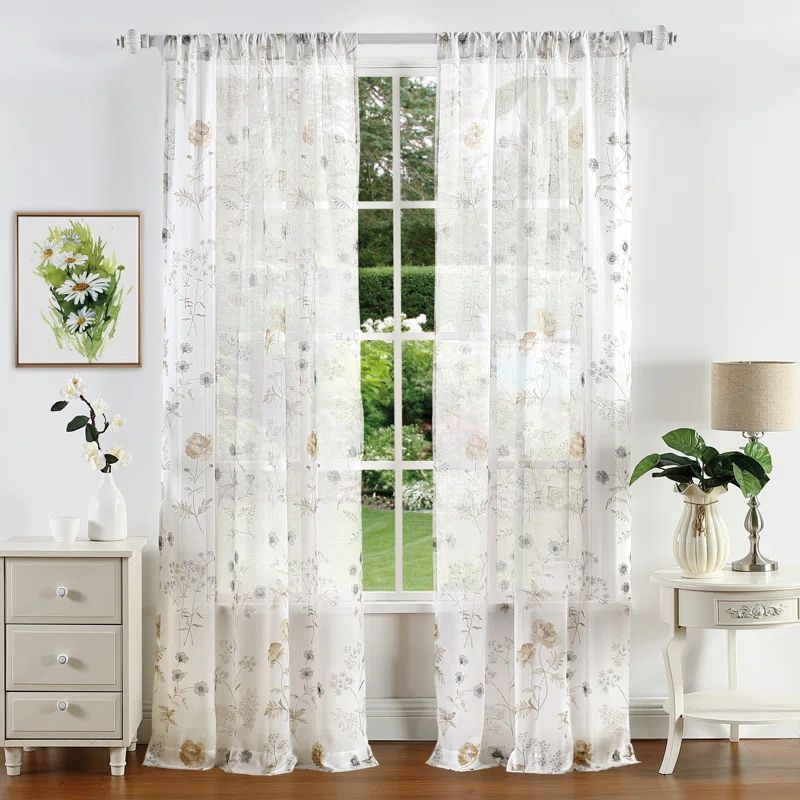 Gold Floral Semi-Sheer Rod Pocket Curtain Panel Pair