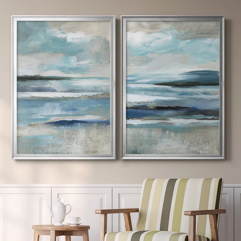 Distant Drama I Coastal Blue and Silver Framed Canvas Print Set