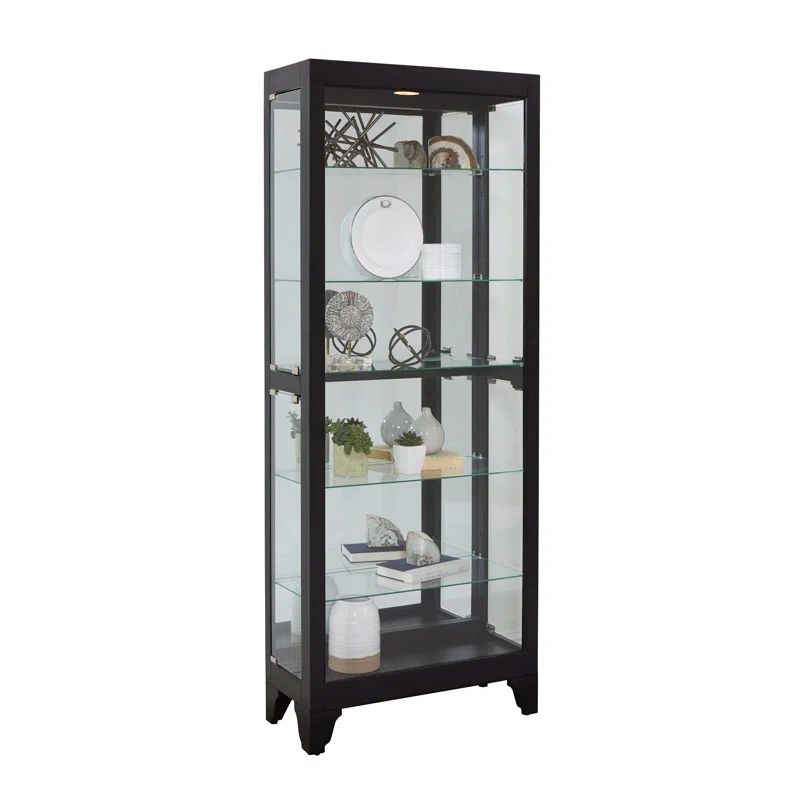 Traditional Black Satin Lighted Curio Cabinet with Adjustable Shelves