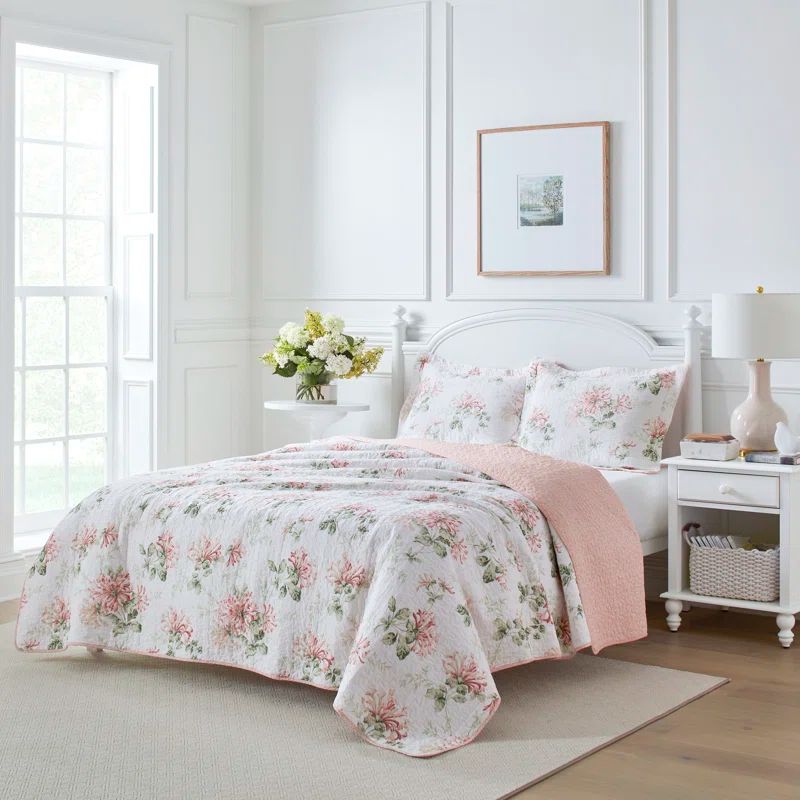 Blush Floral Cotton King Reversible Quilt Set