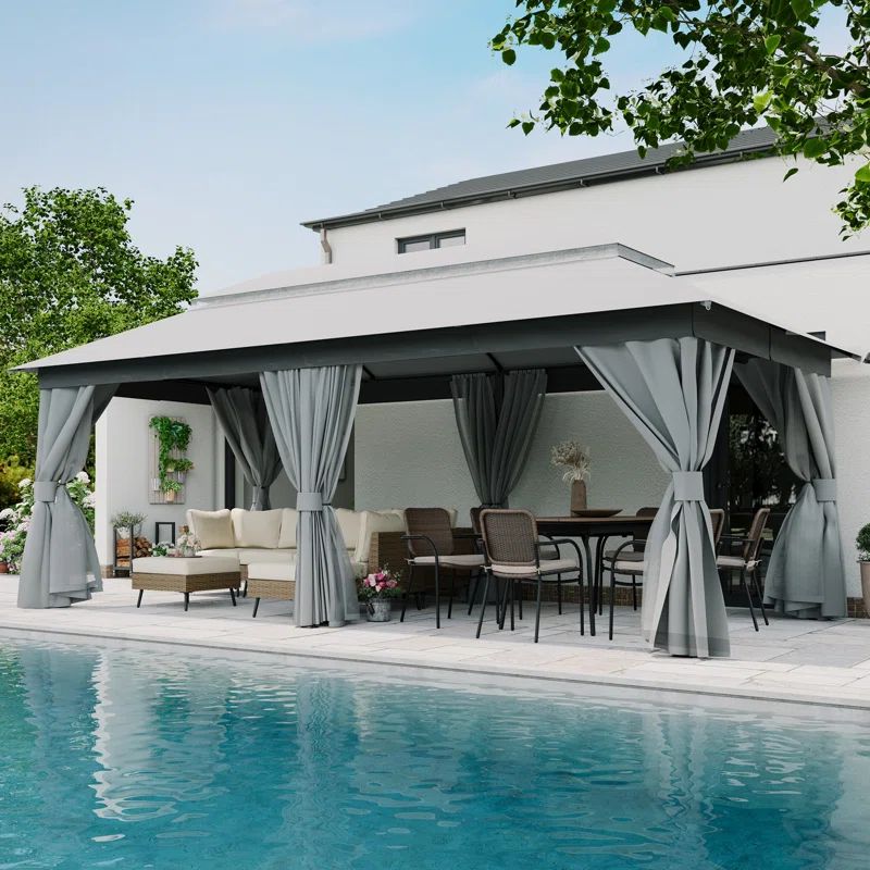 Gray Steel 8x8 Patio Gazebo with Curtains