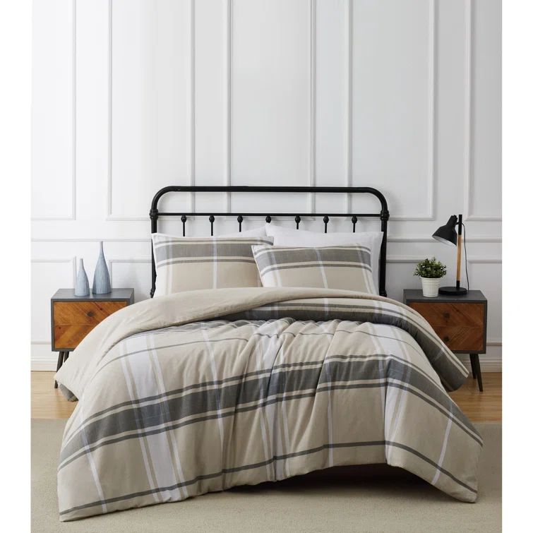 Khaki and Gray Plaid Cotton Flannel Twin Bedspread Set
