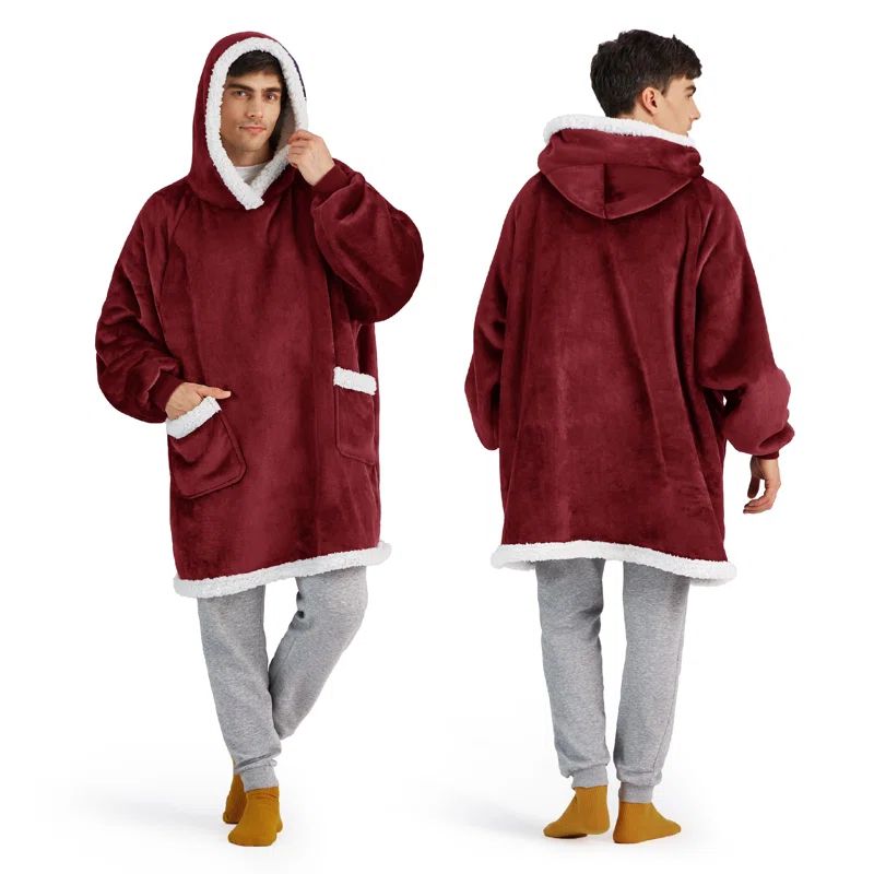 Oversized Burgundy Sherpa Fleece Hooded Wearable Blanket
