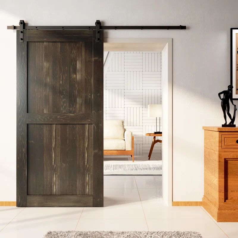 Ebony Solid Pine Wood Sliding Barn Door with Black Hardware Kit