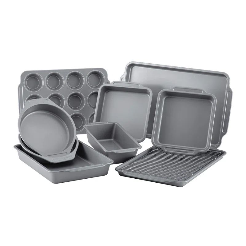 Gray Non-Stick Steel 10-Piece Bakeware Set with Cooling Rack
