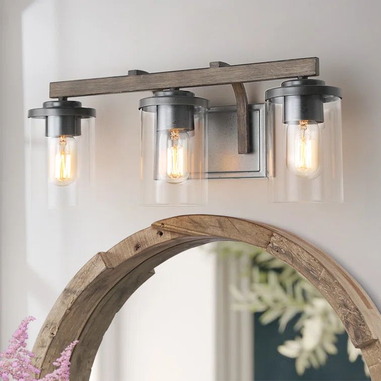 Rustic 20'' Faux Wood and Clear Glass 3-Light Vanity Fixture