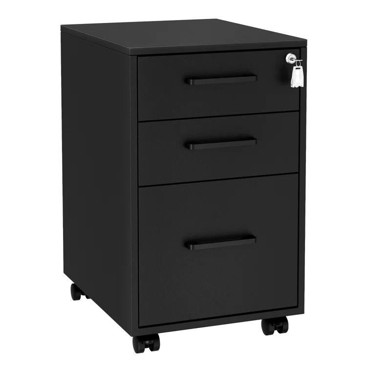 Matte Black Mobile 3-Drawer Lockable File Cabinet
