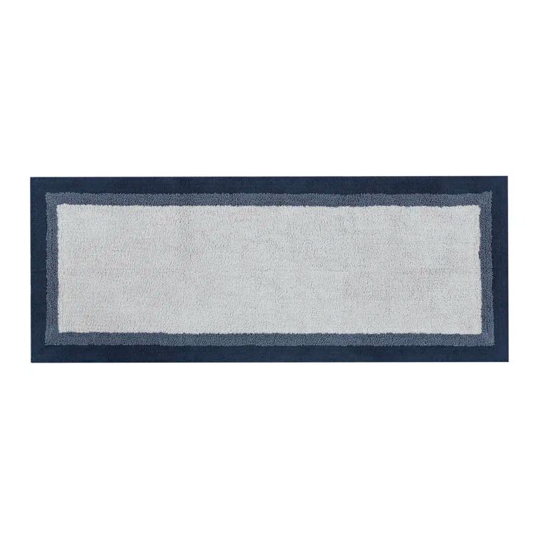 Gray and Navy Cotton Tufted Border Bath Rug