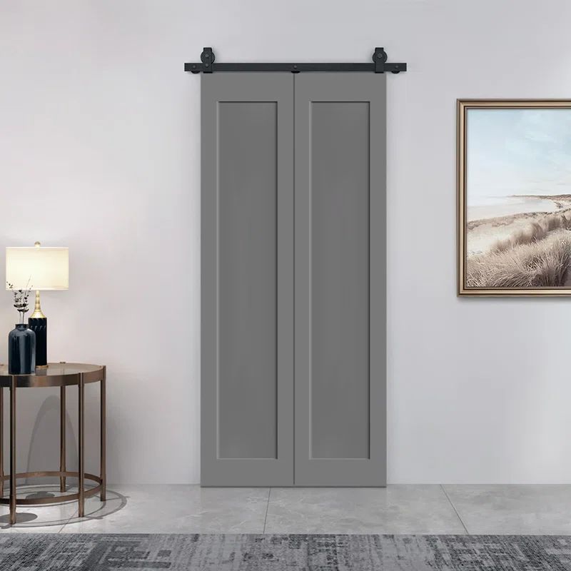Light Gray Composite Bi-Fold Door with Sliding Barn Hardware Kit