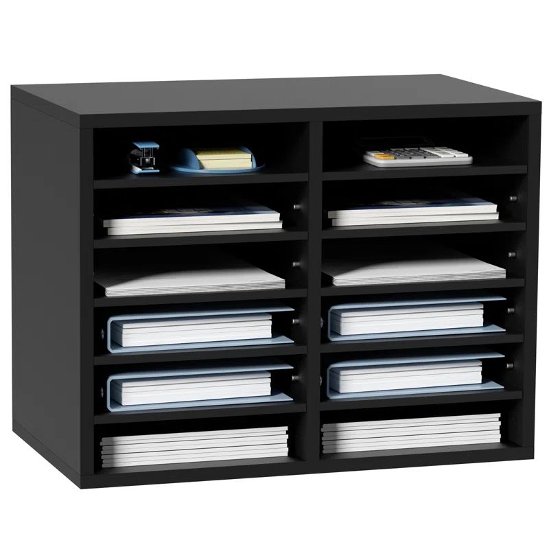 Black Wood 12-Compartment Adjustable Literature Organizer