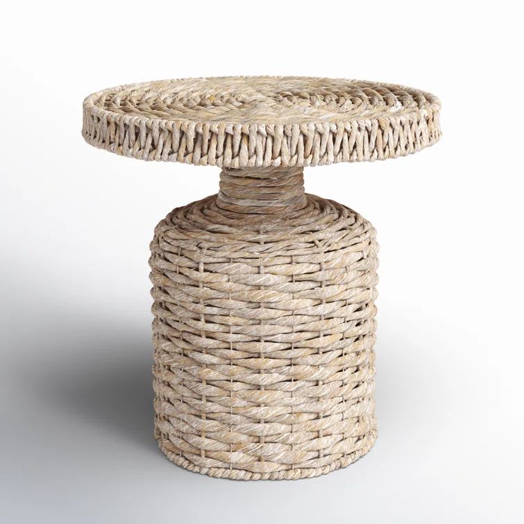 Whitewashed Round Water Hyacinth Wicker Accent Table