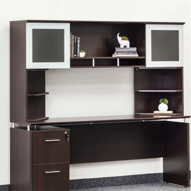 Mocha 72" Laminate Office Desk Hutch with Frosted Glass Doors