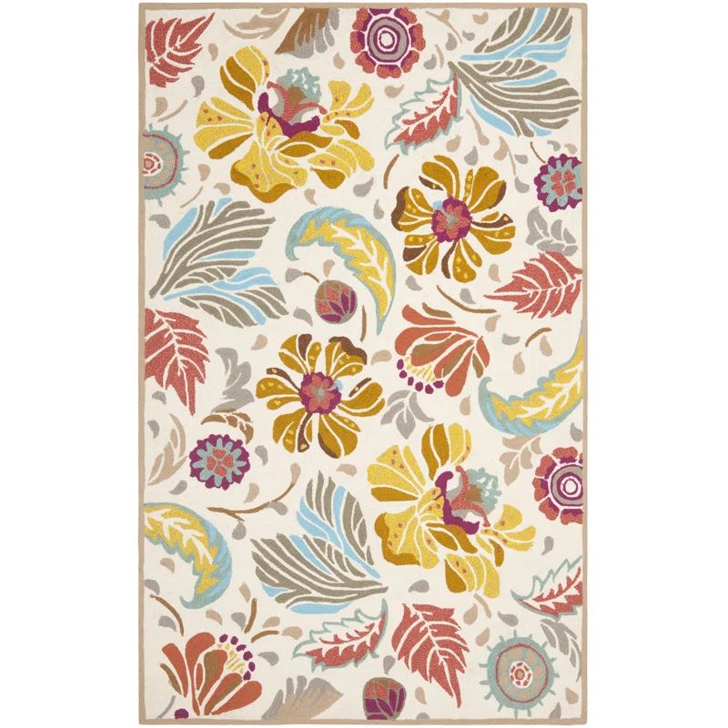 Ivory and Grey Hand-Hooked Floral Area Rug, 5' x 8'