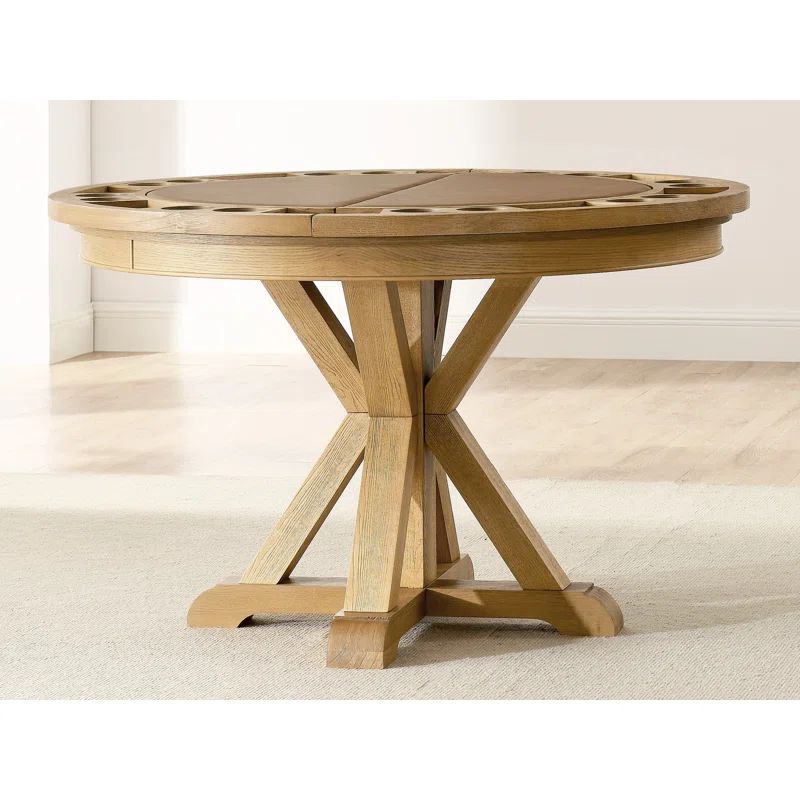 Rustic Round Oak Veneer Dining Table with Game Top