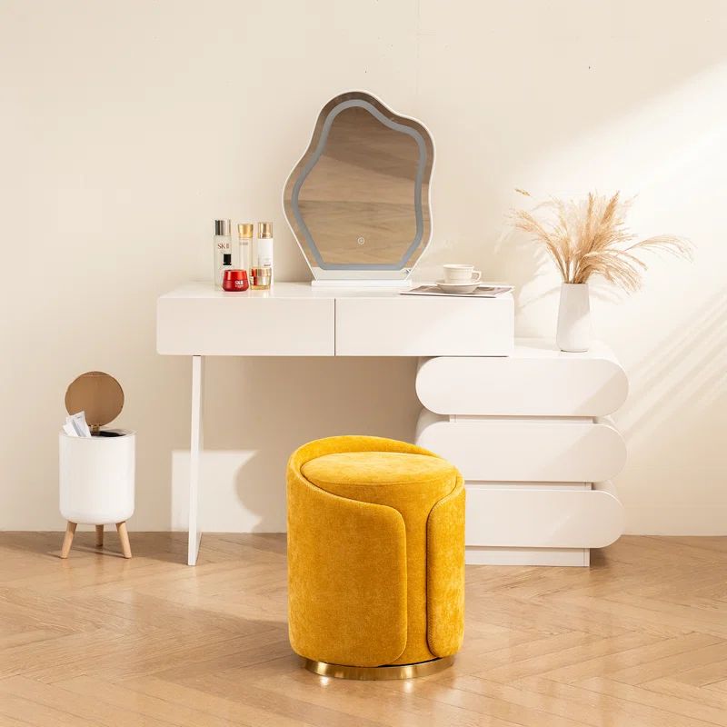 Yellow Velvet Swivel Vanity Stool with Gold Base