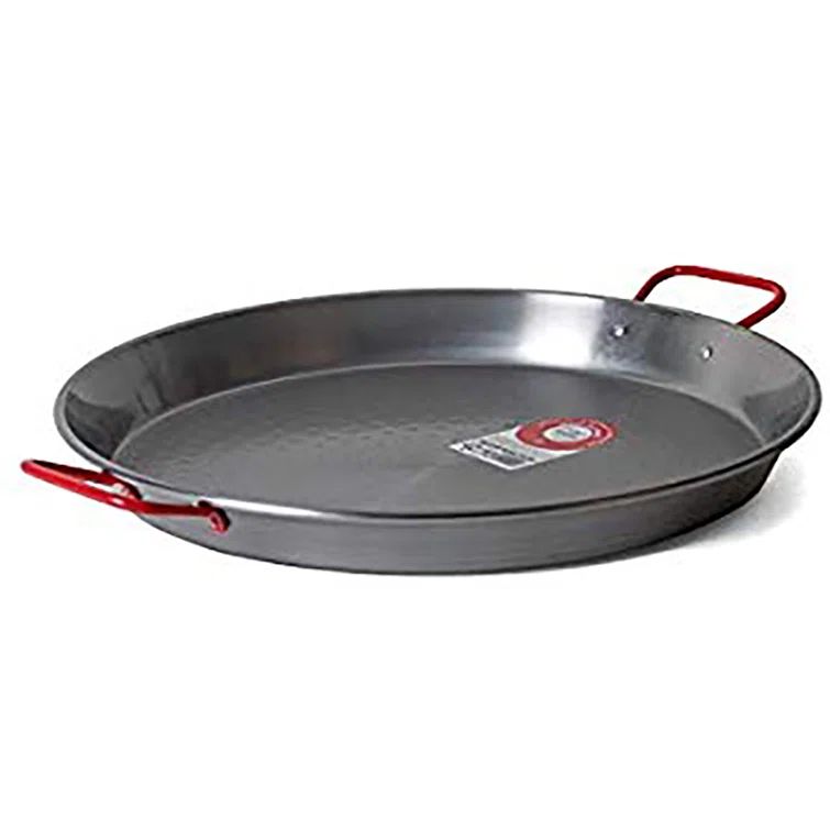 Traditional 15" Polished Carbon Steel Paella Pan with Red Handles