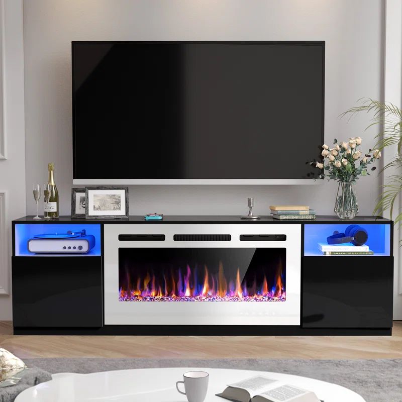 Black and White 70" Modern Fireplace TV Stand with LED Lights