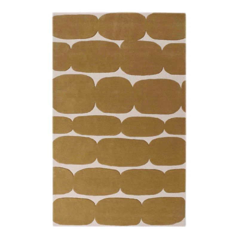Ivory and Mustard Yellow Geometric Wool and Cotton Handmade Rug, 10' x 14'