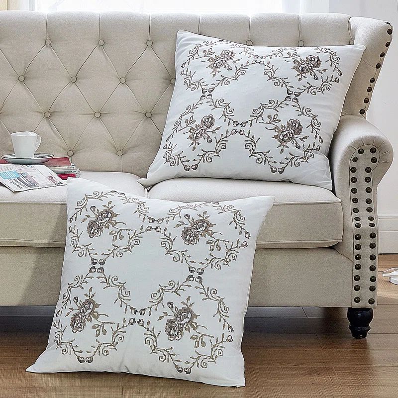 Taupe Rose Embroidered Euro Pillow Covers, 26" x 26" Set of 2