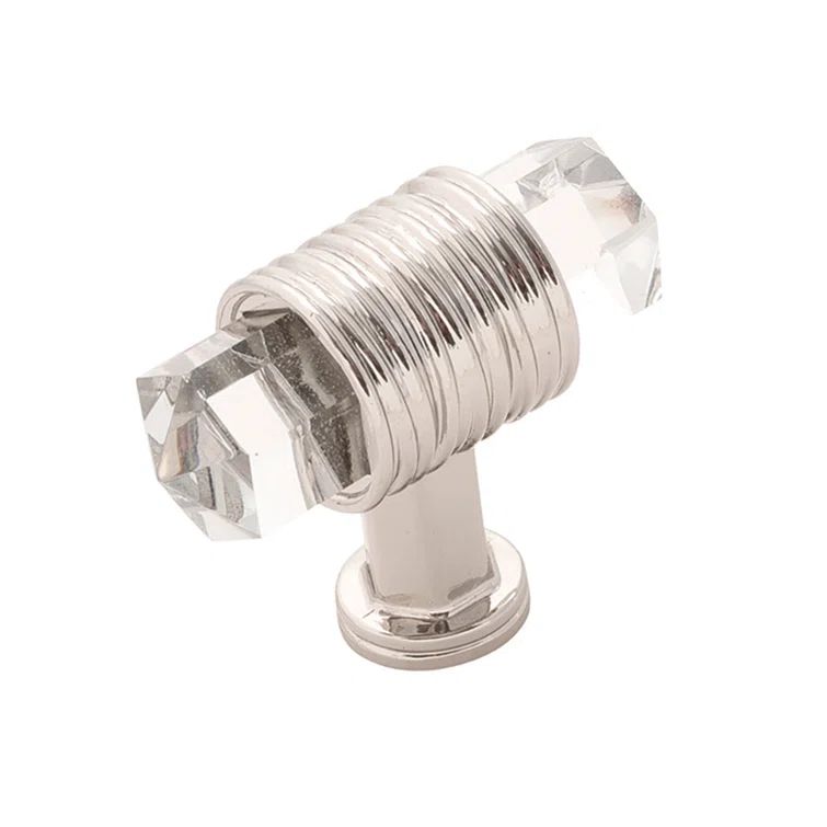 Polished Nickel and Glass T-Handle Knob with Mounting Hardware