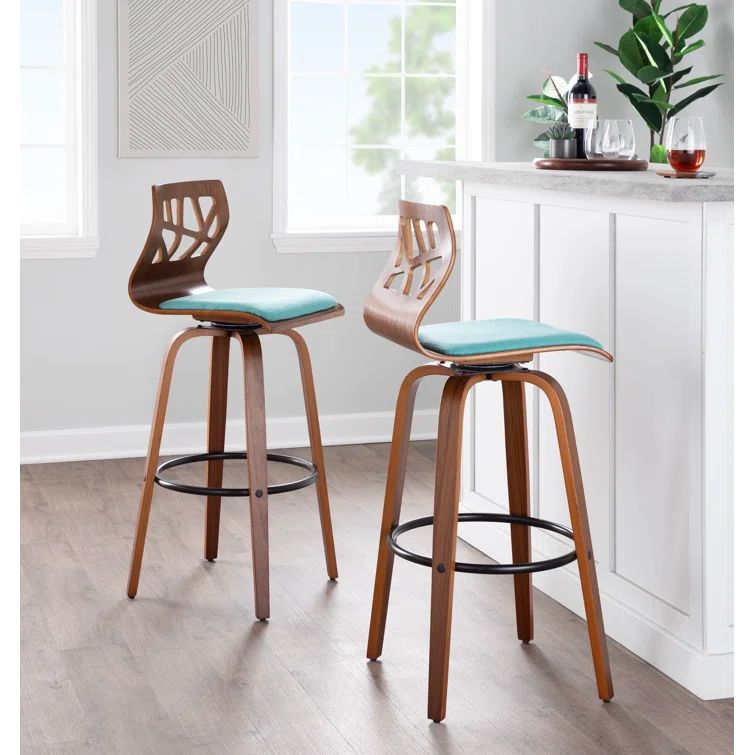 Folia Teal Upholstered Swivel Counter Height Barstools with Walnut Frame, Set of 2