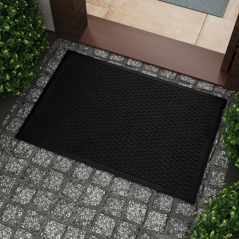 Modern Ribbed Black Rubber 24" x 36" Indoor/Outdoor Doormat