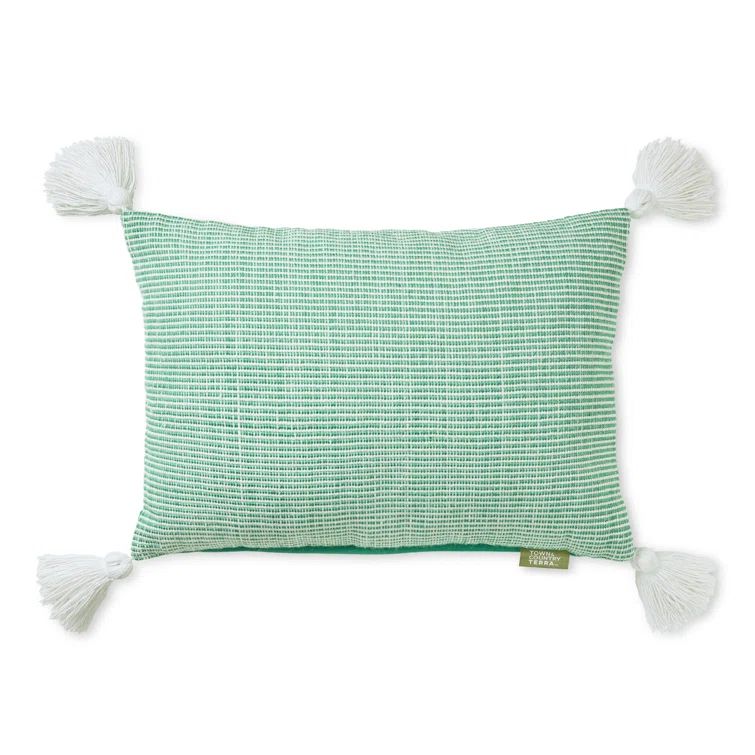 Green and Ivory Ribbed Texture Indoor Outdoor Pillow with Tassels
