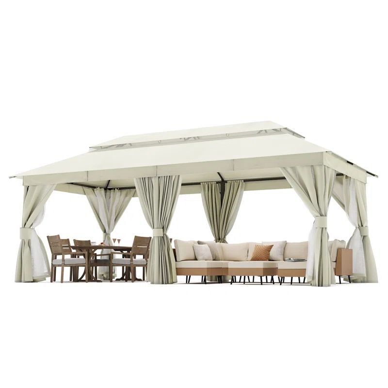 Creamy White Steel Patio Gazebo with Mosquito Netting and Curtains