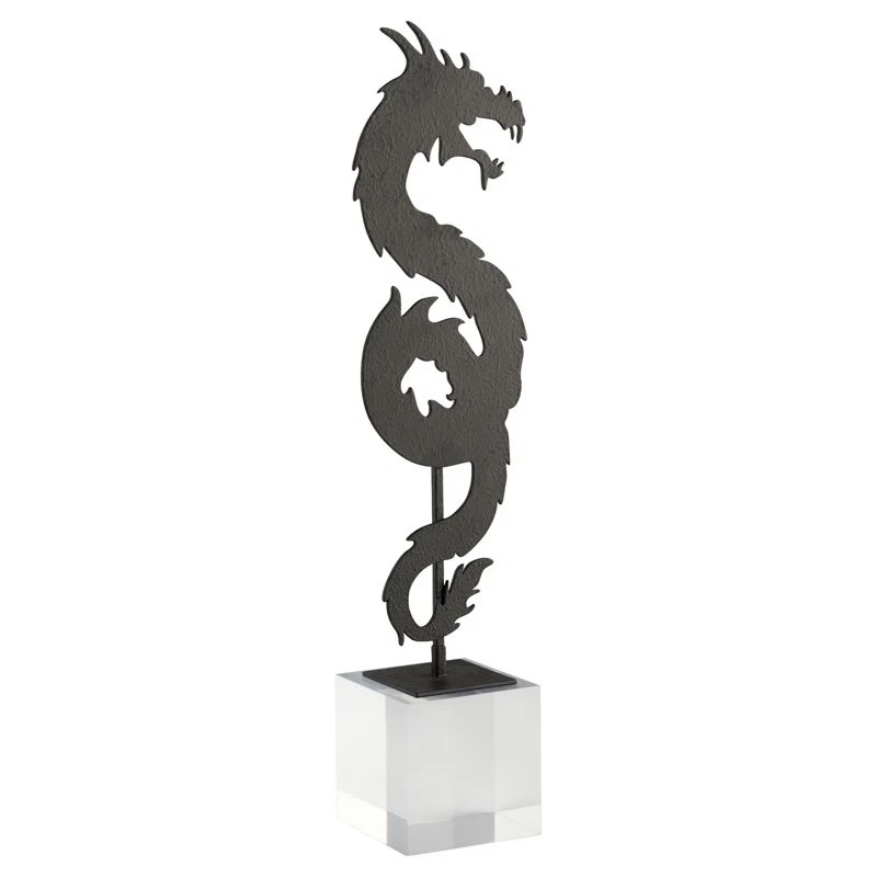 Black Iron Dragon Sculpture on Clear Base