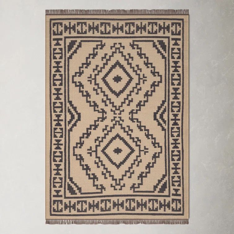 Southwestern Beige and Black Handwoven Jute Rug with Medallion Pattern