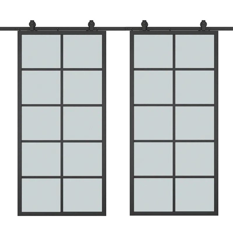 84" Frosted Glass Black Aluminum Double Barn Door with Hardware Kit
